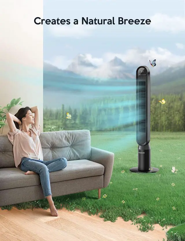 Alt view image 2 of 7 - Tower Fan for Bedroom, 42 Inch Quiet Floor Fan with 135° Vertical 90°Oscillation Fans for Indoors, 4 Modes, 4 Speeds, 15H Timers Standing Bladeless Fans with Remote Black