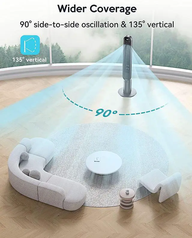 Alt view image 3 of 7 - Tower Fan for Bedroom, 42 Inch Quiet Floor Fan with 135° Vertical 90°Oscillation Fans for Indoors, 4 Modes, 4 Speeds, 15H Timers Standing Bladeless Fans with Remote Black