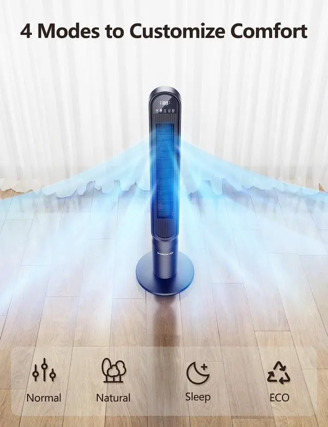 Alt view image 4 of 7 - Tower Fan for Bedroom, 42 Inch Quiet Floor Fan with 135° Vertical 90°Oscillation Fans for Indoors, 4 Modes, 4 Speeds, 15H Timers Standing Bladeless Fans with Remote Black