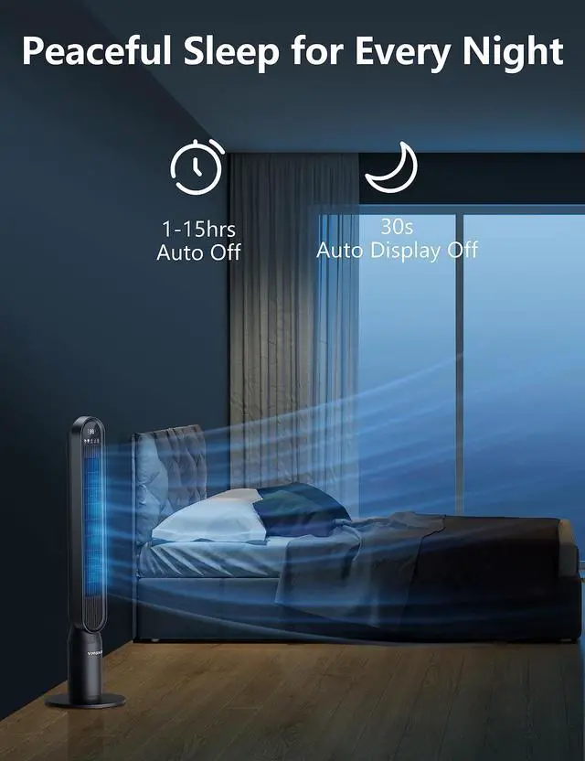 Alt view image 5 of 7 - Tower Fan for Bedroom, 42 Inch Quiet Floor Fan with 135° Vertical 90°Oscillation Fans for Indoors, 4 Modes, 4 Speeds, 15H Timers Standing Bladeless Fans with Remote Black