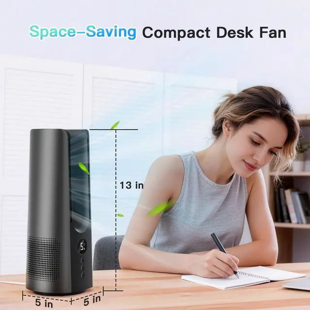 Alt view image 2 of 7 - 13 Inch Desk Fan, Portable Bladeless Fan, Small Quiet Table Fan with 60°Oscillating, 5 Speeds & 9H Timer, LED Display, Button Control, Easy to Clean, Personal Desktop Fan for Bedroom, Office, Home