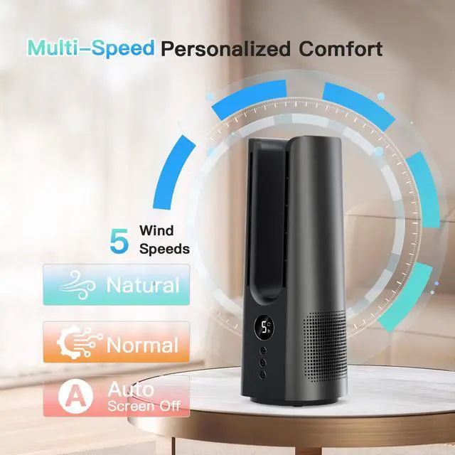 Alt view image 3 of 7 - 13 Inch Desk Fan, Portable Bladeless Fan, Small Quiet Table Fan with 60°Oscillating, 5 Speeds & 9H Timer, LED Display, Button Control, Easy to Clean, Personal Desktop Fan for Bedroom, Office, Home