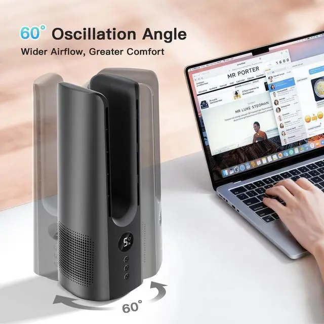 Alt view image 4 of 7 - 13 Inch Desk Fan, Portable Bladeless Fan, Small Quiet Table Fan with 60°Oscillating, 5 Speeds & 9H Timer, LED Display, Button Control, Easy to Clean, Personal Desktop Fan for Bedroom, Office, Home