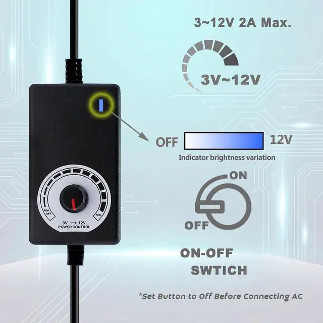 Alt view image 2 of 7 - 3-12V 24W Adjustable Power Supply Fan Speed Controller, 100-240V AC to DC 3-12V 2A Adapter with DC5521 to Dual 4-Pin Splitter Cable, for 2/3/4-Pin 12V Fans, Pumps, PC Cases, DIY Projects