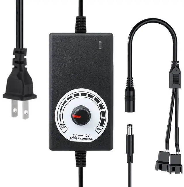Main image of 3-12V 24W Adjustable Power Supply Fan Speed Controller, 100-240V AC to DC 3-12V 2A Adapter with DC5521 to Dual 4-Pin Splitter Cable, for 2/3/4-Pin 12V Fans, Pumps, PC Cases, DIY Projects