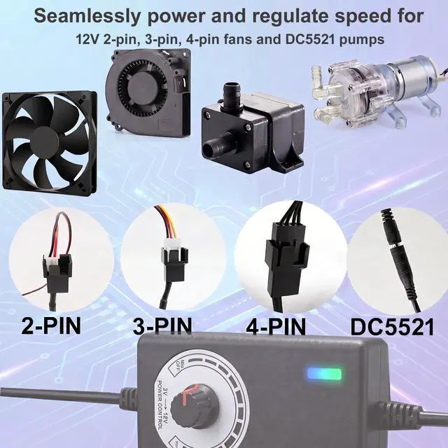 Alt view image 5 of 7 - 3-12V 24W Adjustable Power Supply Fan Speed Controller, 100-240V AC to DC 3-12V 2A Adapter with DC5521 to Dual 4-Pin Splitter Cable, for 2/3/4-Pin 12V Fans, Pumps, PC Cases, DIY Projects