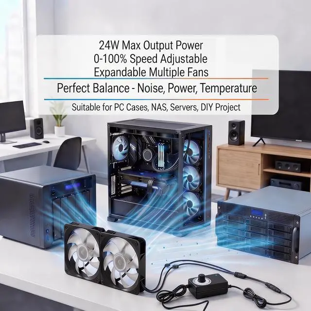 Alt view image 6 of 7 - 3-12V 24W Adjustable Power Supply Fan Speed Controller, 100-240V AC to DC 3-12V 2A Adapter with DC5521 to Dual 4-Pin Splitter Cable, for 2/3/4-Pin 12V Fans, Pumps, PC Cases, DIY Projects