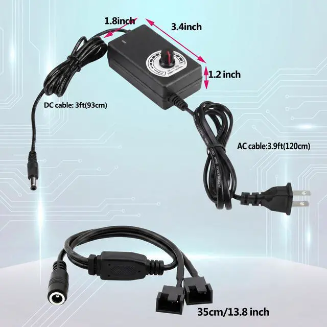 Alt view image 7 of 7 - 3-12V 24W Adjustable Power Supply Fan Speed Controller, 100-240V AC to DC 3-12V 2A Adapter with DC5521 to Dual 4-Pin Splitter Cable, for 2/3/4-Pin 12V Fans, Pumps, PC Cases, DIY Projects