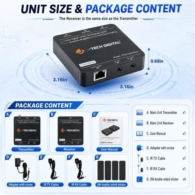 Alt view image 2 of 6 - HDMI Extender 4K 60Hz Over Cat5e/6 Ethernet Cable Up to 230ft. Supports 4K Downscale HDMI Loop Out PoC HDR Bi-Directional IR