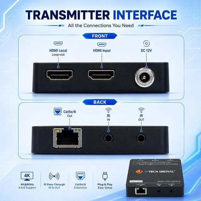 Alt view image 3 of 6 - HDMI Extender 4K 60Hz Over Cat5e/6 Ethernet Cable Up to 230ft. Supports 4K Downscale HDMI Loop Out PoC HDR Bi-Directional IR