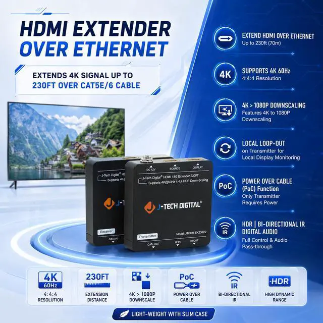 Alt view image 5 of 6 - HDMI Extender 4K 60Hz Over Cat5e/6 Ethernet Cable Up to 230ft. Supports 4K Downscale HDMI Loop Out PoC HDR Bi-Directional IR