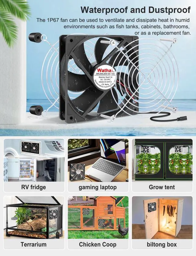 Alt view image 2 of 6 - 120mm x 25mm Waterproof Small Box Fan IP67 12V Computer Fan with AC Plug Speed Controller 110v 120v 220v 240v for Biltong Box, Grow Tent, Terrarium, Aquarium, Greenhouse Cooling