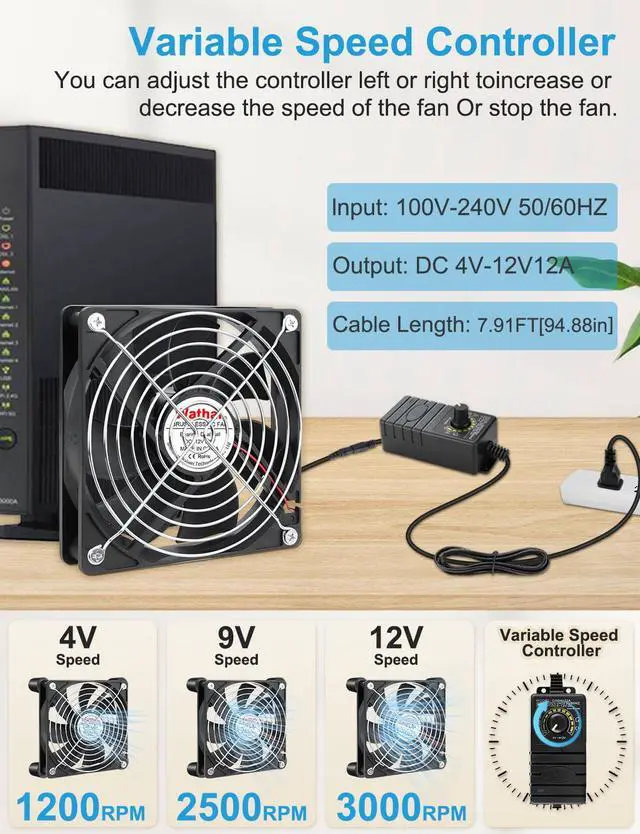 Alt view image 3 of 6 - 120mm x 25mm Waterproof Small Box Fan IP67 12V Computer Fan with AC Plug Speed Controller 110v 120v 220v 240v for Biltong Box, Grow Tent, Terrarium, Aquarium, Greenhouse Cooling