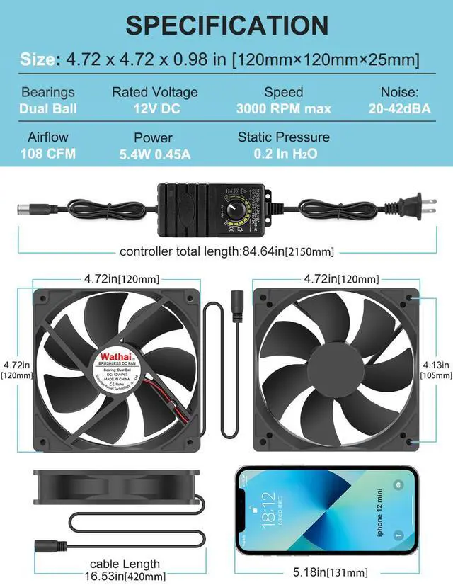 Alt view image 6 of 6 - 120mm x 25mm Waterproof Small Box Fan IP67 12V Computer Fan with AC Plug Speed Controller 110v 120v 220v 240v for Biltong Box, Grow Tent, Terrarium, Aquarium, Greenhouse Cooling