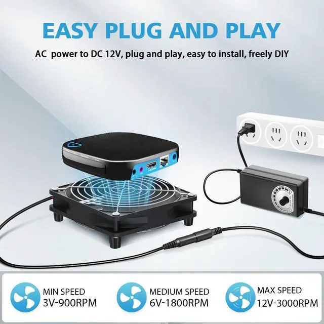Alt view image 2 of 7 - 120mm x 25mm Computer Fan with AC Plug, Variable Speed Controller (3V-12V) AC 100-240V Compatible for PC Case, Xbox, PlayStation, DVR, RV Fridge, Cabinet, Greenhouse & DIY Electronics Cooling
