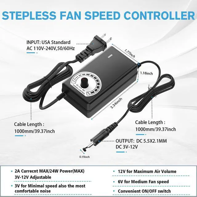 Alt view image 6 of 7 - 120mm x 25mm Computer Fan with AC Plug, Variable Speed Controller (3V-12V) AC 100-240V Compatible for PC Case, Xbox, PlayStation, DVR, RV Fridge, Cabinet, Greenhouse & DIY Electronics Cooling