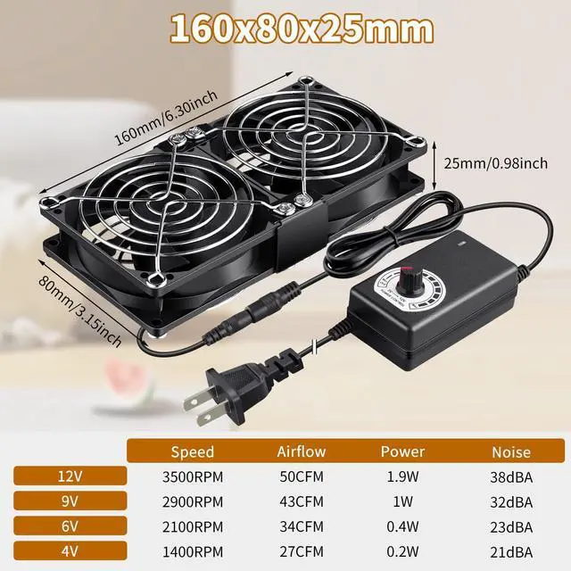 Alt view image 7 of 7 - 80mm x 25mm Computer Fan with AC Plug, Dual Ball Big Airflow Variable Speed Controller AC 110V 120V 240V for PlayStation Router Laptop PC Receiver DVR Xbox Modem AV Cabinet Electronics Cooling