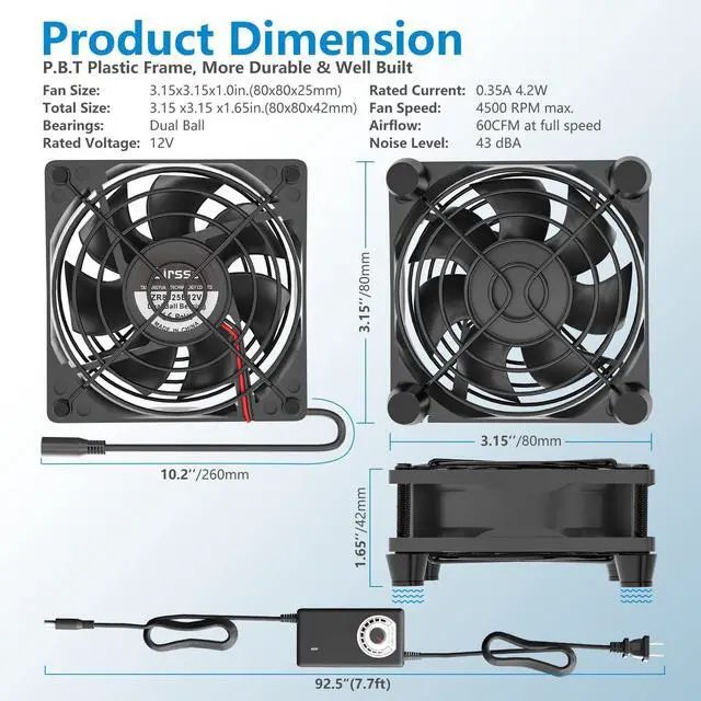 Alt view image 5 of 7 - Computer Fan with AC Plug 80mm 110V 120V 220V 240V Fan with Speed Controller for Receiver DVR PlayStation Xbox Computer Cabinet Cooling