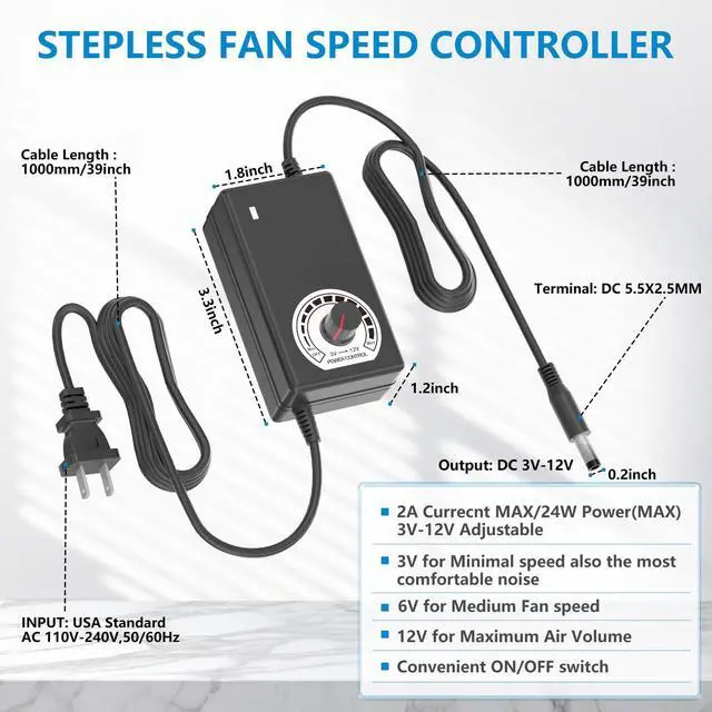 Alt view image 5 of 6 - IP67 Waterproof Small 12V Variable Speed Computer Fan with AC Plug, 110V 120V 220V AC Powered Ventilation Exhaust Fan for Receiver Terrarium Biltong Box Grow Tent Cabinet Cooling