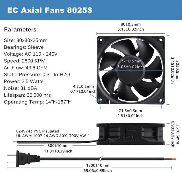 Alt view image 6 of 7 - EC AXIAL 8025, Muffin Fan 110V 115V 120V 220V 240V AC 80mm x 25mm Small Brushless Cooling Fan with Switch Power Cord for DIY Ventilation Exhaust Projects
