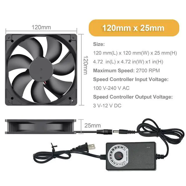 Alt view image 2 of 7 - Computer Fan with AC Plug,120 mm Variable Speed Small Brushless Cooling Fan, AC 100V - 240V Speed Control, for Cabinet Case Chassis Server Workstation Amplifier Xbox Pet Box Cooling