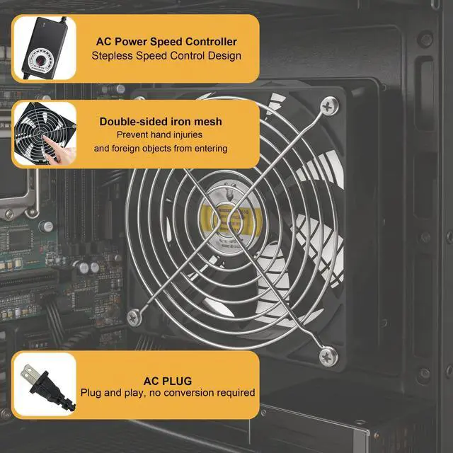 Alt view image 3 of 7 - Computer Fan with AC Plug,120 mm Variable Speed Small Brushless Cooling Fan, AC 100V - 240V Speed Control, for Cabinet Case Chassis Server Workstation Amplifier Xbox Pet Box Cooling