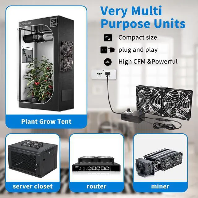 Alt view image 4 of 6 - Dual 120mm High CFM Computer Fans with AC Plug, AC 110V - 240V Variable Speed Fan, Cooling for Server Closet Cabinet Mining Machine Chassis Workstation