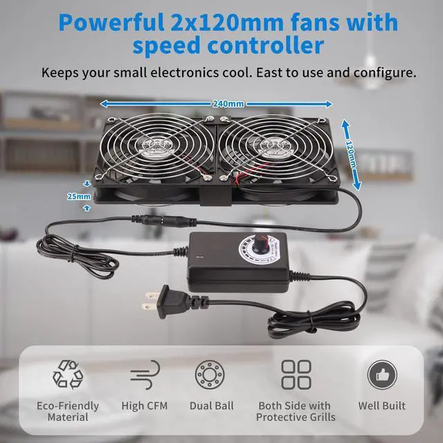 Alt view image 3 of 6 - Dual 120mm High CFM Computer Fans with AC Plug, AC 110V - 240V Variable Speed Fan, Cooling for Server Closet Cabinet Mining Machine Chassis Workstation