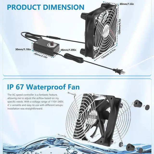 Alt view image 4 of 6 - IP67 Waterproof Small 12V Variable Speed Computer Fan with AC Plug, 110V 120V 220V AC Powered Ventilation Exhaust Fan for Receiver Terrarium Biltong Box Grow Tent Cabinet Cooling