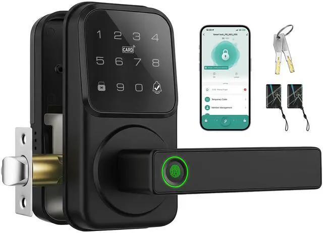 Main image of Smart Door Handle Lock, Heittis Fingerprint Smart Lock with Touchscreen Keypad - Keyless Biometric Deadbolt Door Knob for Front Door, Bedroom, Interior or Exterior Use (Black, App Control)