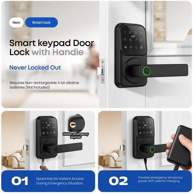 Alt view image 5 of 7 - Smart Door Handle Lock, Heittis Fingerprint Smart Lock with Touchscreen Keypad - Keyless Biometric Deadbolt Door Knob for Front Door, Bedroom, Interior or Exterior Use (Black, App Control)
