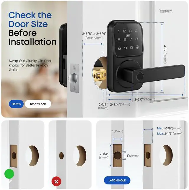 Alt view image 7 of 7 - Smart Door Handle Lock, Heittis Fingerprint Smart Lock with Touchscreen Keypad - Keyless Biometric Deadbolt Door Knob for Front Door, Bedroom, Interior or Exterior Use (Black, App Control)