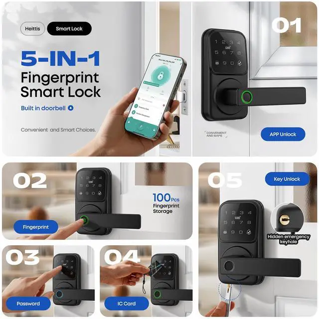 Alt view image 2 of 7 - Smart Door Handle Lock, Heittis Fingerprint Smart Lock with Touchscreen Keypad - Keyless Biometric Deadbolt Door Knob for Front Door, Bedroom, Interior or Exterior Use (Black, App Control)