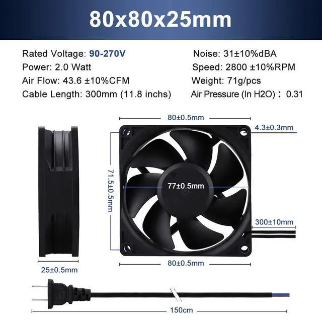 Alt view image 2 of 7 - 80mm EC Axial Fan AC 110V 115V 120V 220V 240V Brushless Cooling Fan 80mm x 25mm