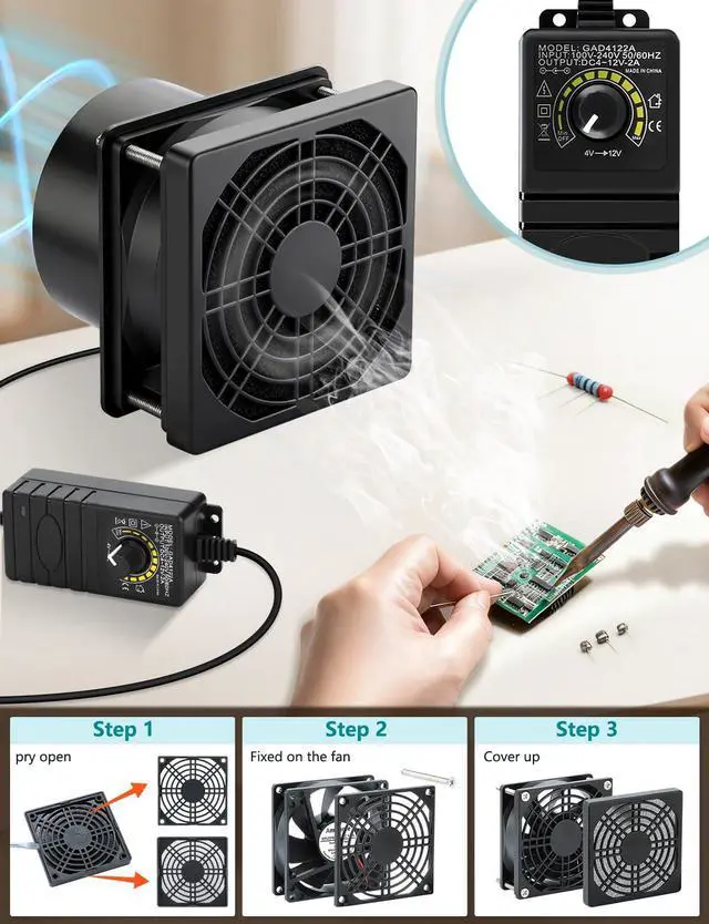 Alt view image 2 of 7 - 80mm x 25mm 12v Exhaust Axial DC Fan Dual Ball Bearing Speed Control AC Plug Small Fume Extractor for Soldering 3D Printer Enclosure DIY Vent Paint Booth