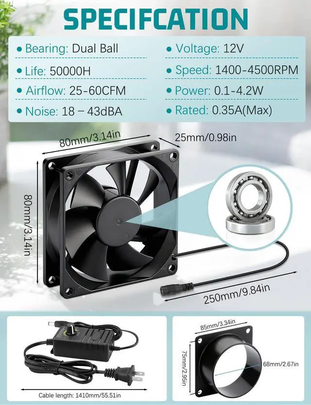 Alt view image 6 of 7 - 80mm x 25mm 12v Exhaust Axial DC Fan Dual Ball Bearing Speed Control AC Plug Small Fume Extractor for Soldering 3D Printer Enclosure DIY Vent Paint Booth