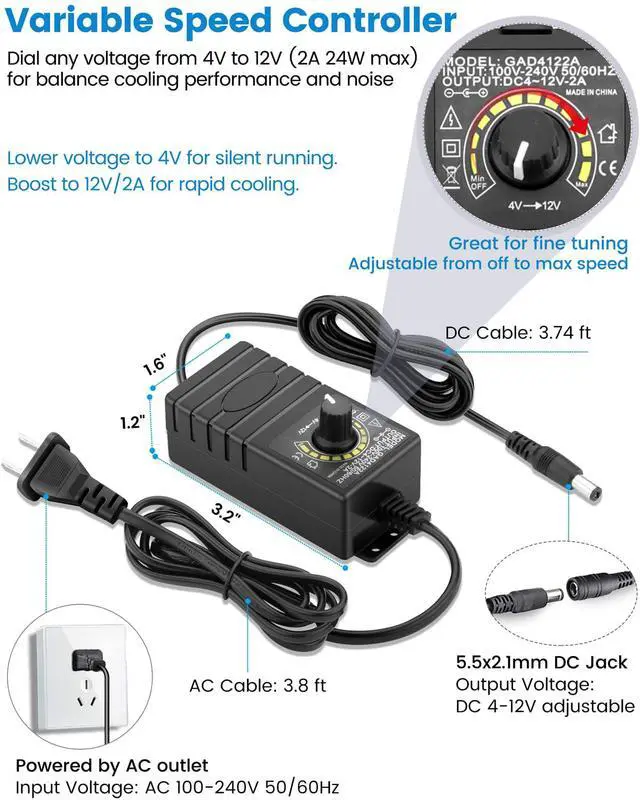 Alt view image 4 of 7 - 120mm Computer Fan with AC Plug, 110V 120V 220V 240V AC-Powered Variable Speed Controller 4V-12V for Receiver Amplifier DVR Playstation Xbox Component Cooling Biltong Box Grow Tent Ventilation