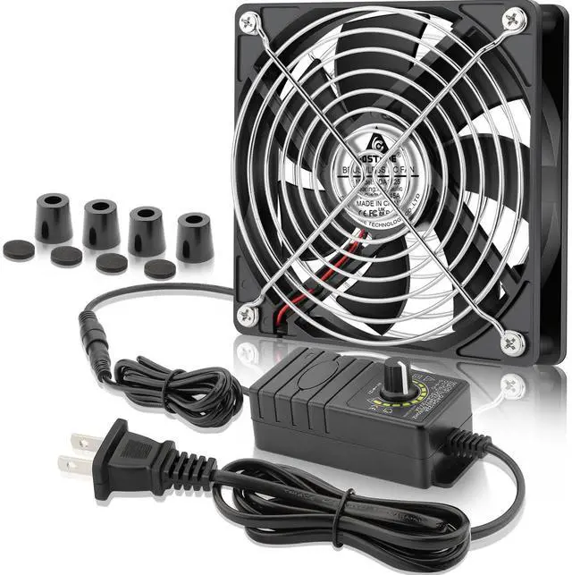 Main image of 120mm Computer Fan with AC Plug, 110V 120V 220V 240V AC-Powered Variable Speed Controller 4V-12V for Receiver Amplifier DVR Playstation Xbox Component Cooling Biltong Box Grow Tent Ventilation