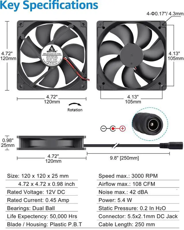 Alt view image 6 of 7 - 120mm Computer Fan with AC Plug, 110V 120V 220V 240V AC-Powered Variable Speed Controller 4V-12V for Receiver Amplifier DVR Playstation Xbox Component Cooling Biltong Box Grow Tent Ventilation