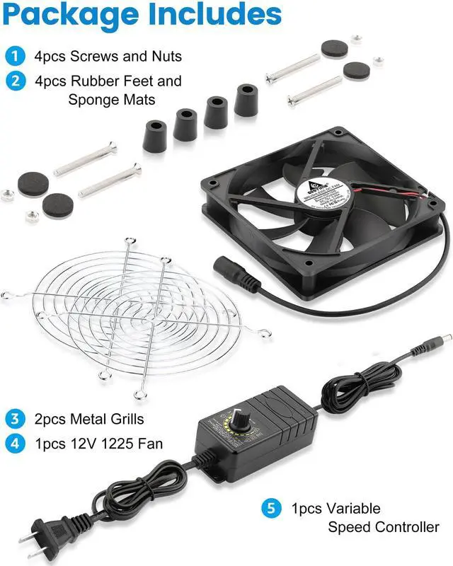 Alt view image 7 of 7 - 120mm Computer Fan with AC Plug, 110V 120V 220V 240V AC-Powered Variable Speed Controller 4V-12V for Receiver Amplifier DVR Playstation Xbox Component Cooling Biltong Box Grow Tent Ventilation