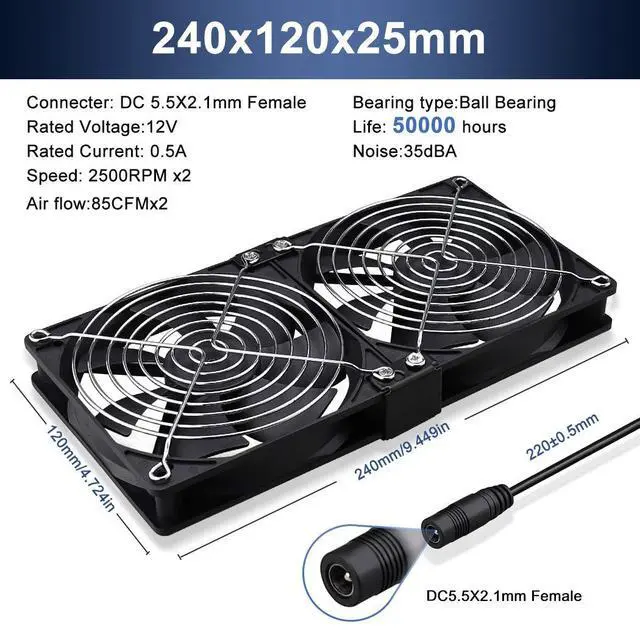 Alt view image 2 of 6 - Big Airflow 2 x 120mm 240mm Computer Fan with AC Plug Cabinet Fan 110V 240V AC Power Supply, Speed Controller 3V to 12V, for Mining Machine Chassis Server Workstation Cooling