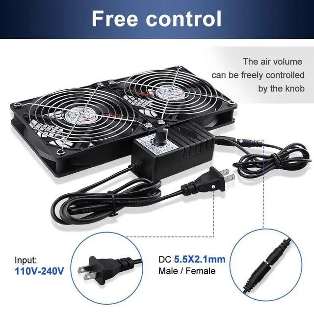 Alt view image 4 of 6 - Big Airflow 2 x 120mm 240mm Computer Fan with AC Plug Cabinet Fan 110V 240V AC Power Supply, Speed Controller 3V to 12V, for Mining Machine Chassis Server Workstation Cooling
