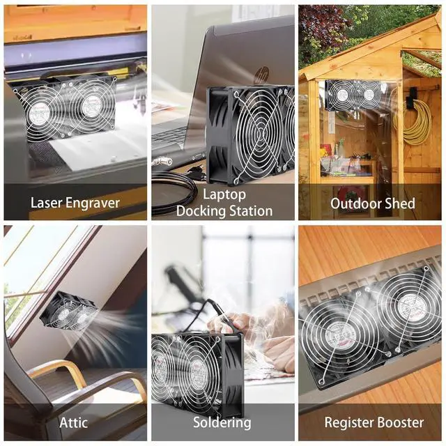 Alt view image 3 of 6 - Big Airflow 2 x 120mm 240mm Computer Fan with AC Plug Cabinet Fan 110V 240V AC Power Supply, Speed Controller 3V to 12V, for Mining Machine Chassis Server Workstation Cooling