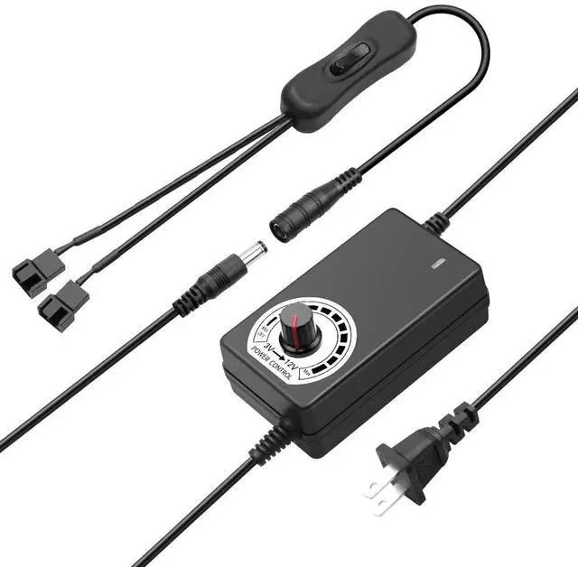 Main image of 12V Fan Power Supply PC Fan Speed Controller 110V-240V AC to DC 3-12V 2A 24W PC Fan Adapter Adjustable pwm Fan Controller with Fan Splitter Cable DC Female to 2 x 3/4 Pin Multi-Functional