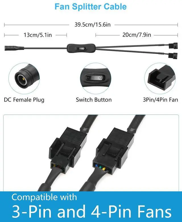 Alt view image 4 of 7 - 12V Fan Power Supply PC Fan Speed Controller 110V-240V AC to DC 3-12V 2A 24W PC Fan Adapter Adjustable pwm Fan Controller with Fan Splitter Cable DC Female to 2 x 3/4 Pin Multi-Functional