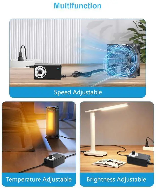 Alt view image 5 of 7 - 12V Fan Power Supply PC Fan Speed Controller 110V-240V AC to DC 3-12V 2A 24W PC Fan Adapter Adjustable pwm Fan Controller with Fan Splitter Cable DC Female to 2 x 3/4 Pin Multi-Functional