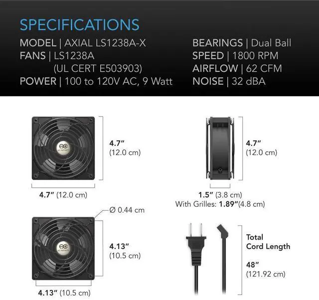 Alt view image 6 of 7 - AXIAL LS1238, Quiet Muffin Fan, 120V AC 120mm x 38mm Low Speed, UL-Certified for DIY Cooling Ventilation Exhaust Projects