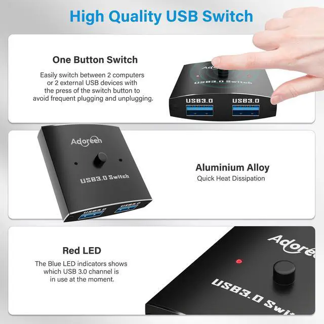 Alt view image 4 of 6 - USB 3.0 Switch Y Splitter, 2 in 1 / 1 in 2 Out Switch Selector, Bi-Directional 2 Computers Share 1 USB A Devices for Printer Cable, Keyboard, Scanner, Mouse
