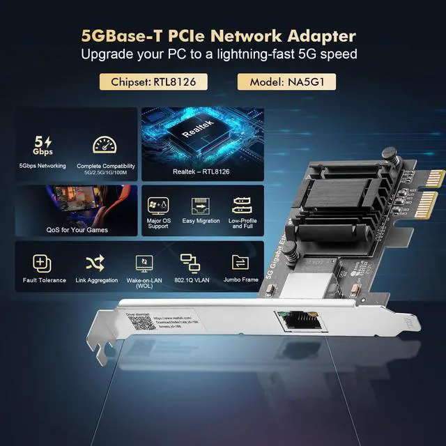 Alt view image 2 of 7 - 5G PCIe Network Adapter, RTL8126 5G/2.5G/1G/100Mbps Ethernet Card RJ45 LAN Controller with Low Profile, Support PXE for Windows 11/10, Linux