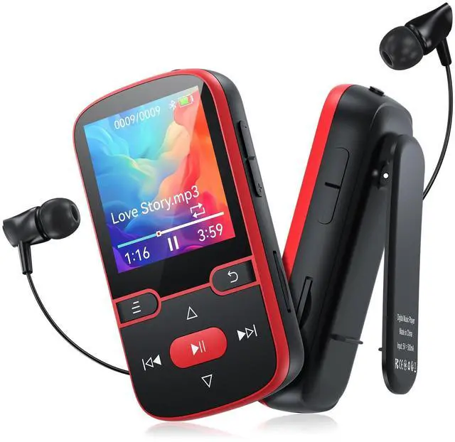 Main image of 64GB MP3 Player Bluetooth 5.3 with Clip, HiFi Sport Music Player, 1.5 Inch Screen MP3 Player for Kids with Physical Buttons, FM Radio/Pedometer/Voice Recorder, Weighs Only 28g, TF Card Up to 128G(Red)